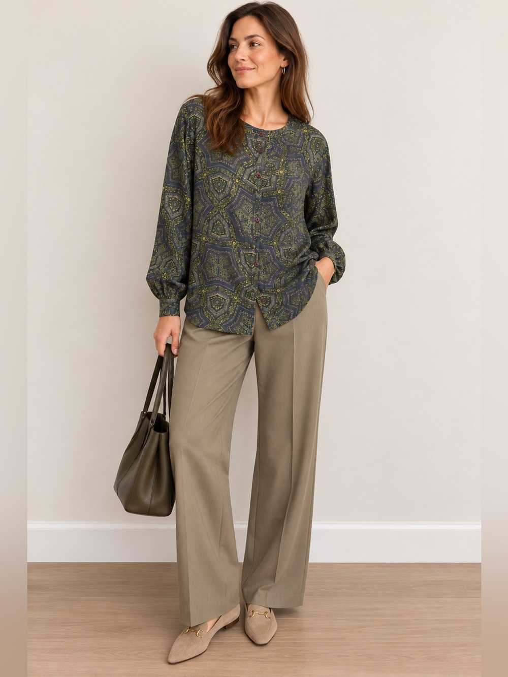 Vintage Bogari Studio 100% Silk Blouse L Geometric Print